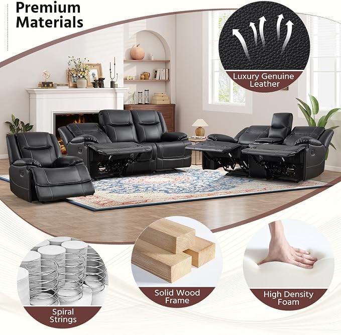 ANJ Premium Genuine Manual Reclining Sofa Set, Included Single Recliner Chair - Image 8