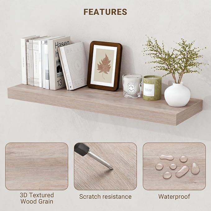 Acovy 36 Inch Floating Shelves, 3D Textured Wood Grain, Wooden Shelves - Image 5