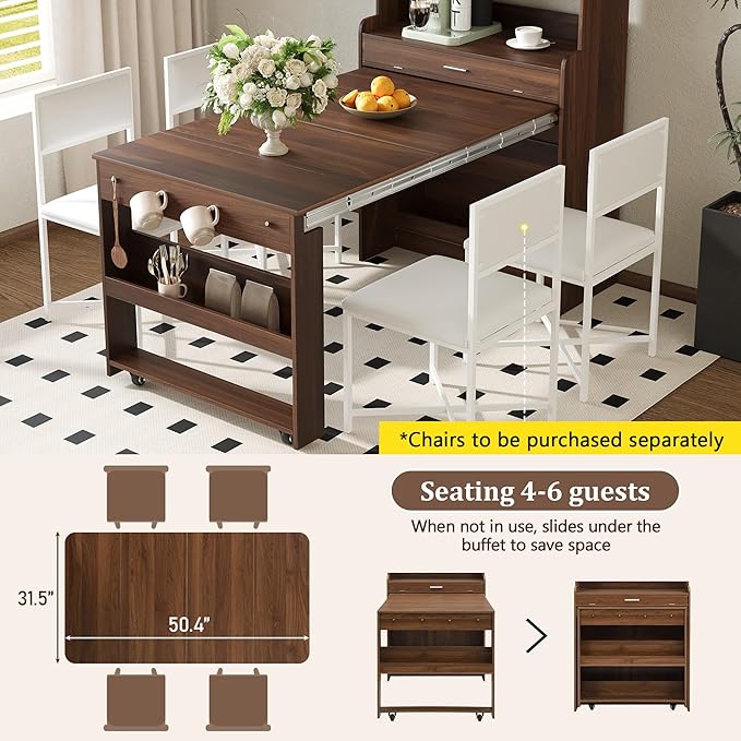 Compact Buffet with Hutch and Foldable Dining Table, 2-in-1 Buffet - Image 6