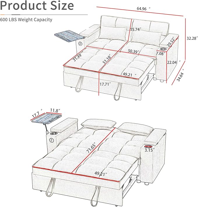 hansones ​66" Multi-Functional Pull-Out Sofa Bed - Image 2