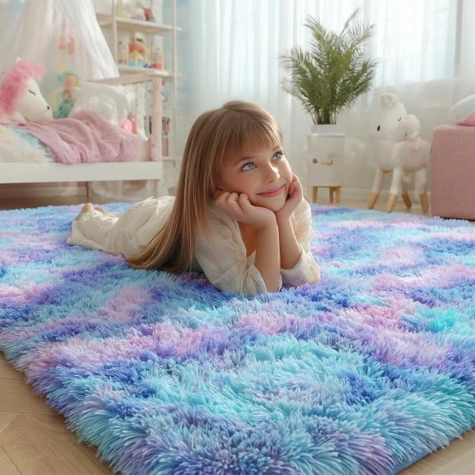 PAGISOFE Cute Furry Pastel Rug for Girls Bedroom, Soft Adorable Rainbow Purple - Image 2