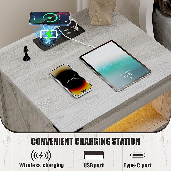 Grey Night Stand Set 2 with Gun Drawer, Bedside Table with Charging Station - Image 5