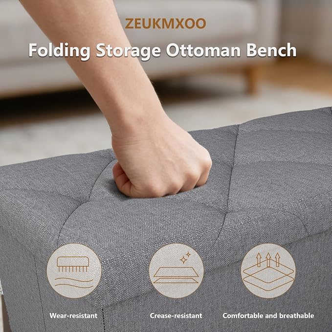 30W Folding Ottoman with Storage Bench, Storage Ottoman Bench, 15W Inches - Image 5