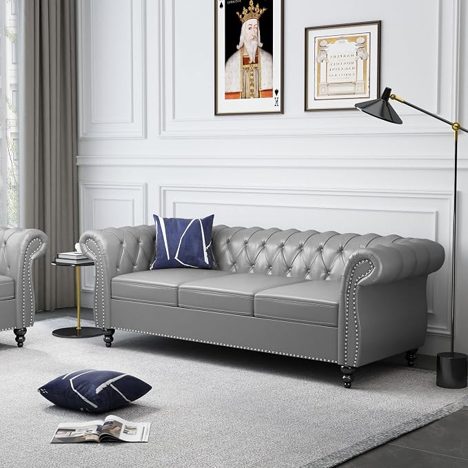 ORRD 2 Piece Living Room Set, Chesterfield Leather Sofa Loveseat Couch Chair - Image 4
