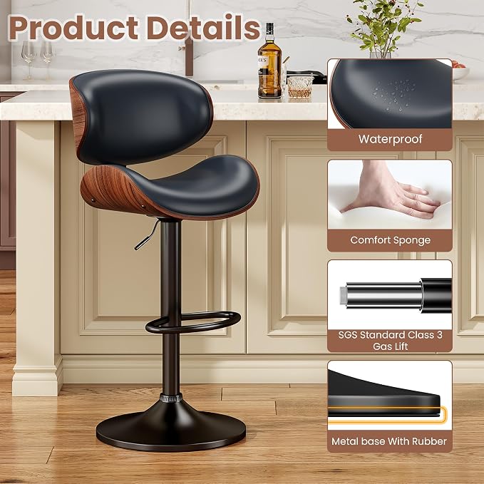 YaFiti Bar Stools Set of 4, Bentwood Adjustable Height Swivel Bar Stools - Image 5
