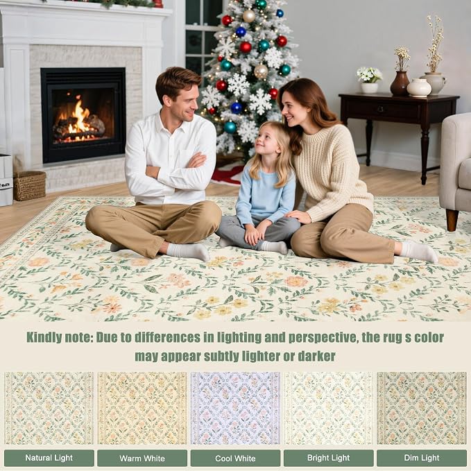Round Area Rug for Living Room: 4 ft Floral Washable Circle Rug Soft Non-Slip - Image 9