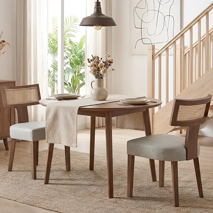 HNY Mid Century Modern Rattan Dining Chairs Set of 2, Farmhouse PU Leather by HNY