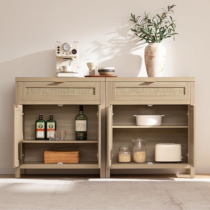 SICOTAS Sideboard Buffet Storage Cabinet Set of 2, Rattan Credenza Buffet Table - Image 4