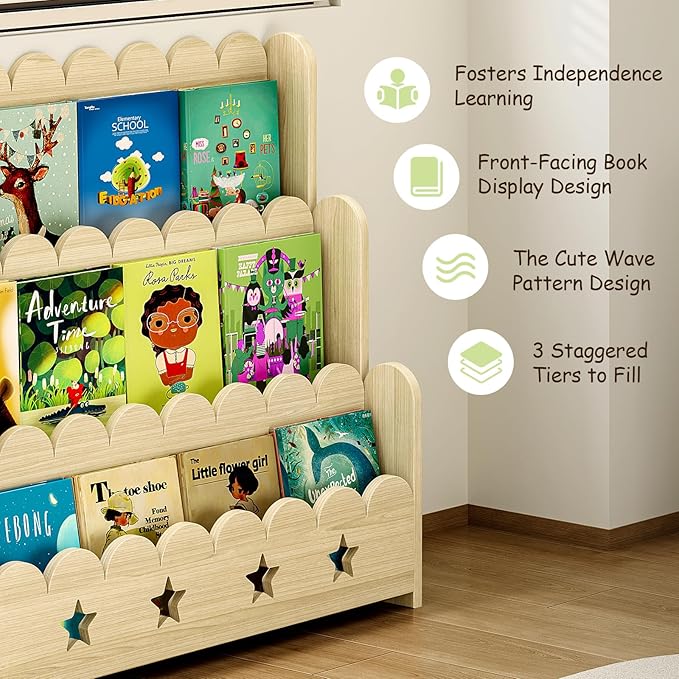EXPERLAM Scalloped Kids Bookshelf, 3-Tier Front Facing Toddler Bookshelf - Image 3
