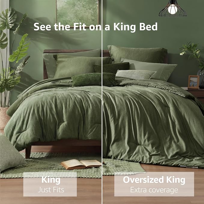 Monbix King Size Comforter Set, Olive Green King Bed Set Reversible, King Size - Image 3