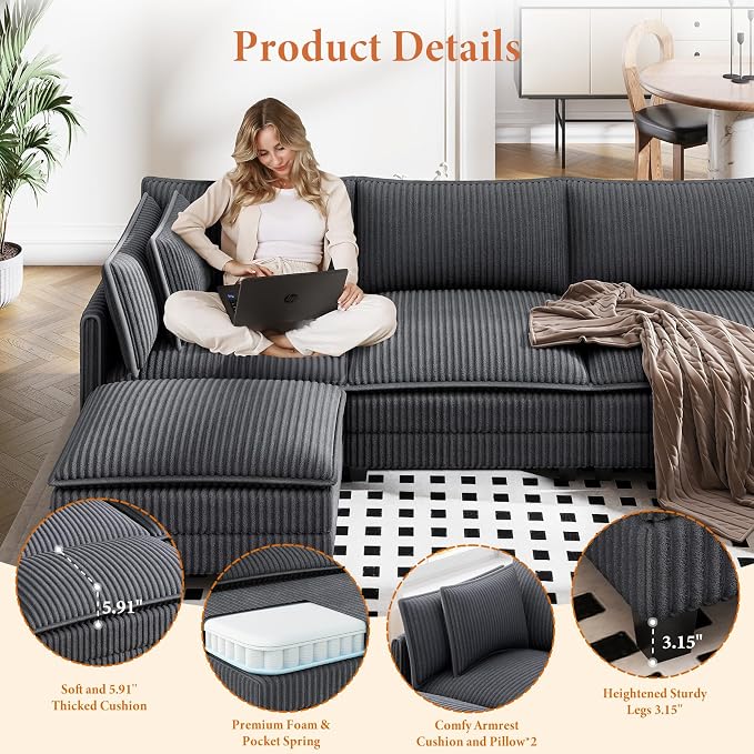 Vesgantti 143" U Shaped Modular Sectional Couch, Comfy Corduroy Upholstered - Image 3