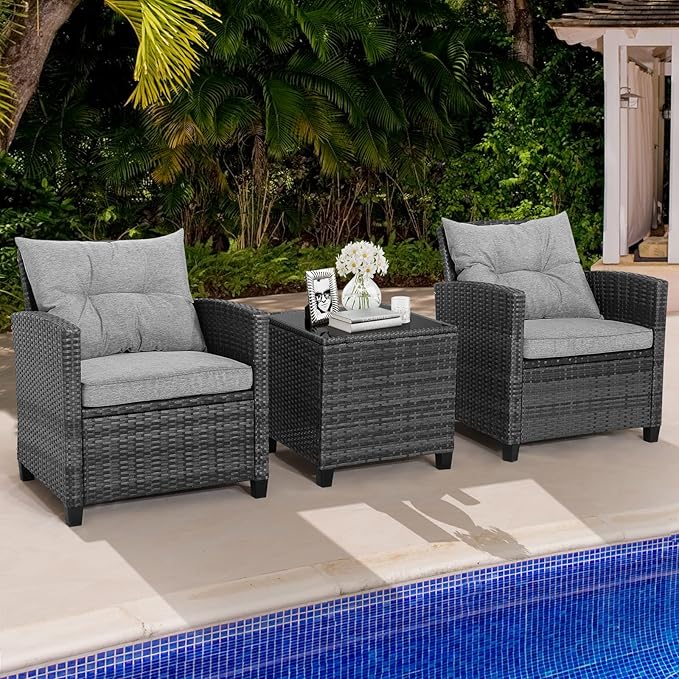 HAPPYGRILL 3 Pieces Patio Conversation Set, Outdoor Furniture Set PE Rattan - Image 3