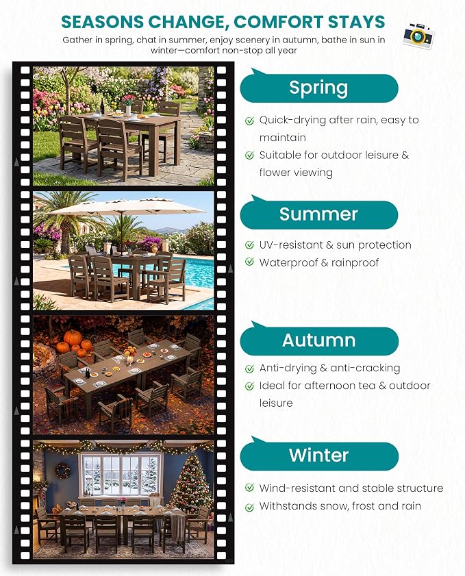SERWALL HDPE Dining Set for 6: 1 Umbrella Hole Table, 4 Armless + 2 Armchairs. - Image 8