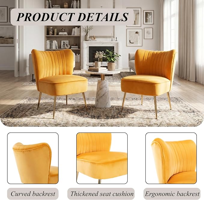 Velvet Accent Chair Set of 2 Comfy Living Room Chair Armless Slipper Mid - Image 5