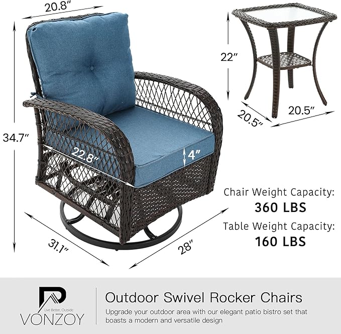 3 Pieces Patio Furniture Set, Outdoor Swivel Glider Rocker, Wicker Patio Bistro - Image 6