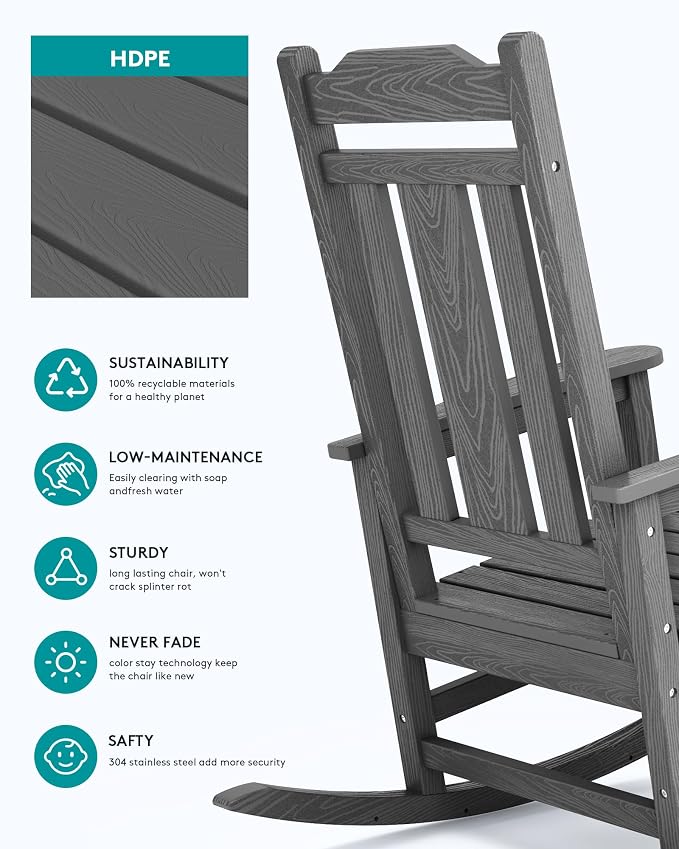 SERWALL Oversized Rocking Chair Set of 2 Outdoor, HDPE Outdoor Rocking Chair - Image 7