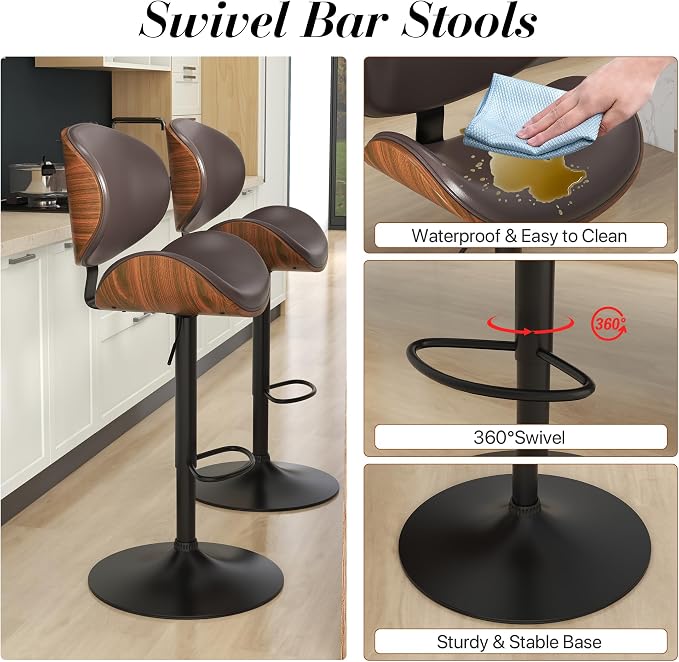 KCC Bar Stools Set of 4, Swivel Adjustable Height Barstools, PU Leather - Image 4