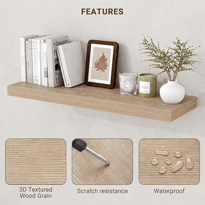 Acovy 36 Inch Floating Shelves, 3D Textured Wood Grain, Wooden Shelves - Image 5