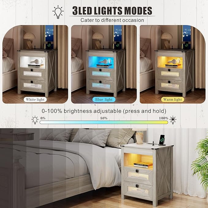 Grey Night Stand Set 2 with Gun Drawer, Bedside Table with Charging Station - Image 4