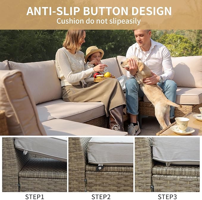 Jing's Villa 7-Piece Outdoor Patio Furniture Set, Ratten Conversation Sectional - Image 6