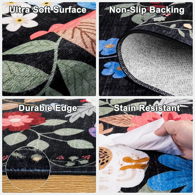 Area Rugs 9x12 Living Room: Floral Washable Rug Vintage Large Soft Boho - Image 6