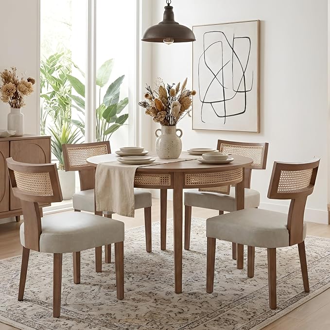 HNY Mid Century Modern Rattan Dining Chairs Set of 6, Farmhouse PU Leather - Image 7