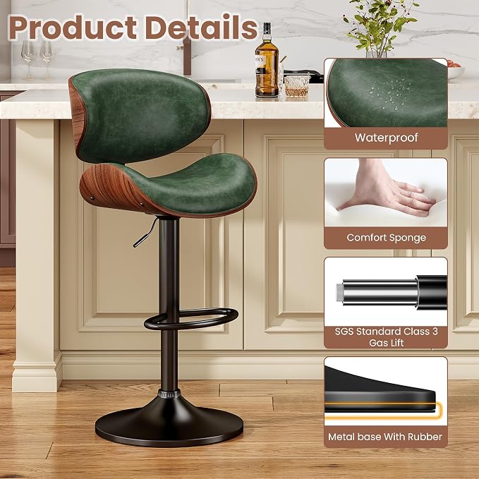 YaFiti Bar Stools Modern PU Leather Adjustable Swivel Barstools, Kitchen - Image 5