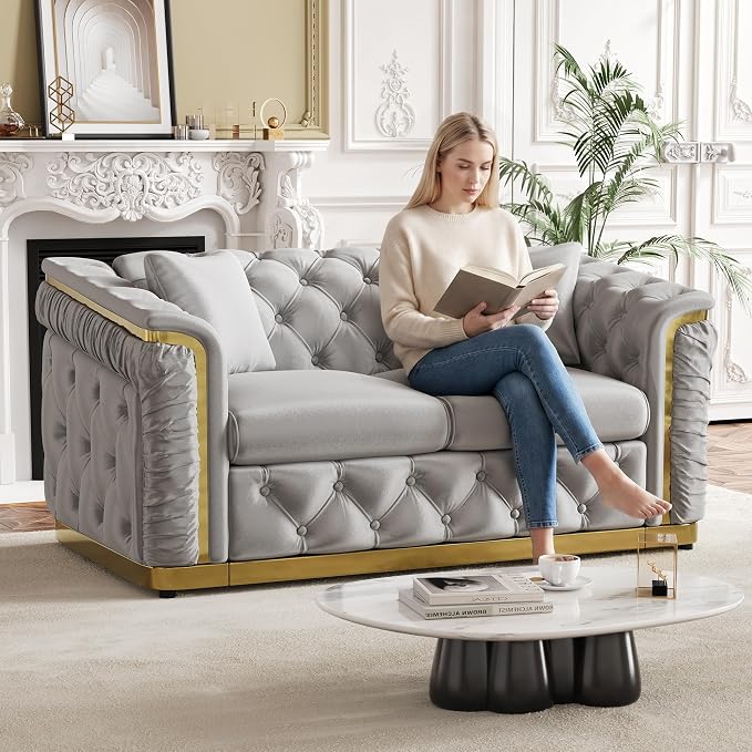 62.2" Luxury Velvet Chesterfield Sofa Tufted Victorian Black and Gold Couch - Image 3