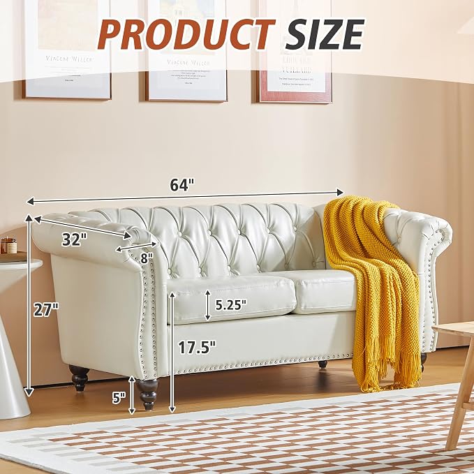 ORRD 3 Piece Living Room Set, Chesterfield Faux Leather Sofa Loveseat Couch - Image 3