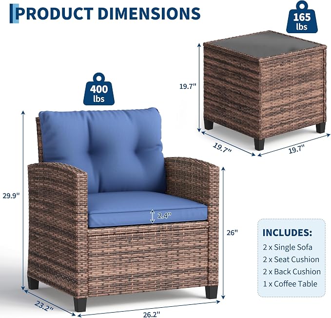 3-Piece Patio Furniture Set, Outdoor PE Rattan Chair - Image 2