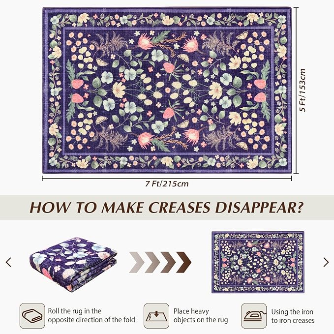 Area Rugs for Living Room, Washable 5x7 Purple Blue Vintage Rug for Bedroom - Image 2