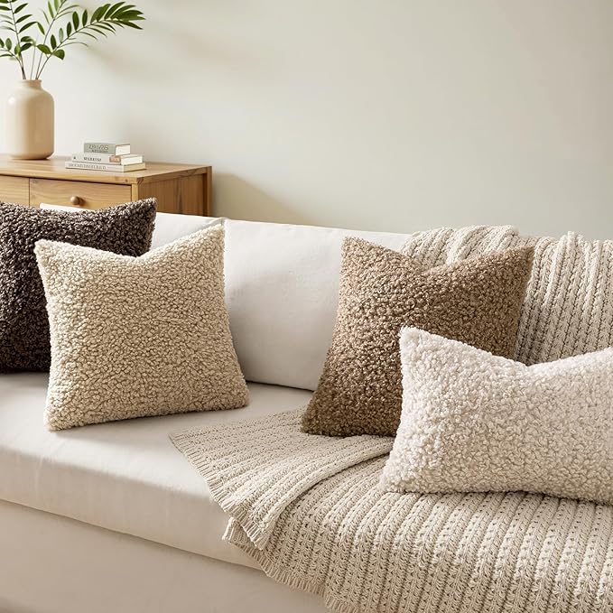 Faux Fur Throw Pillow Covers 20x12 Inch Set of 2 Boucle Neutral Decorative - Image 4