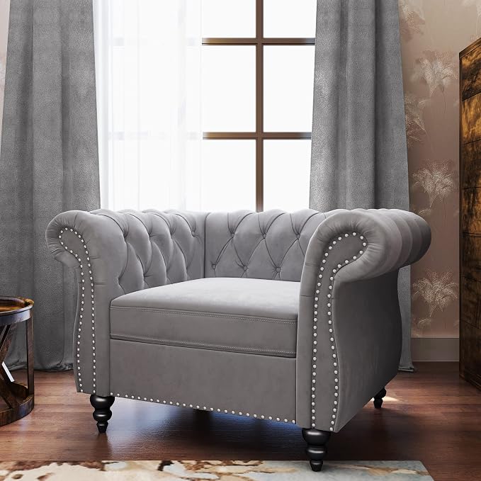 2 Piece Living Room Set, Velvet Chesterfield Sofa Couch Chair - Image 6