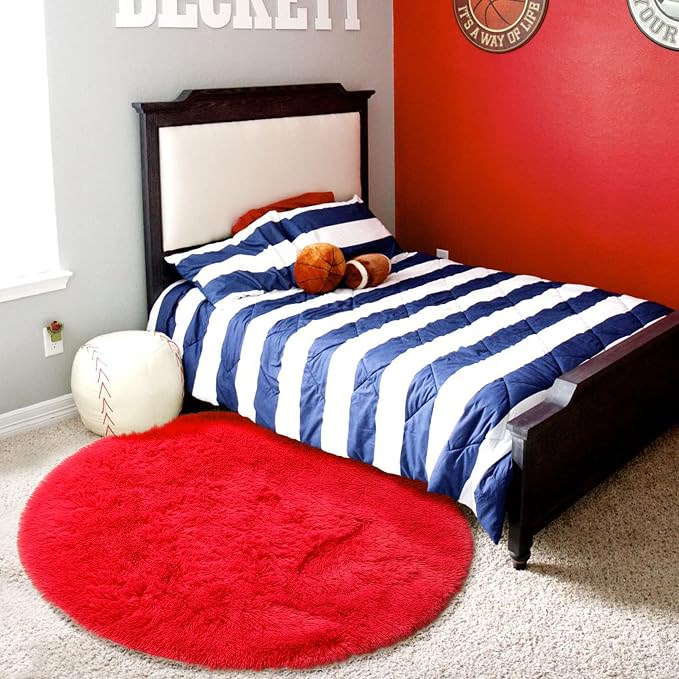 Amdrebio Red Round Rug 5Ft for Boys Bedroom, Fluffy Fuzzy Circle Area Rugs for - Image 5