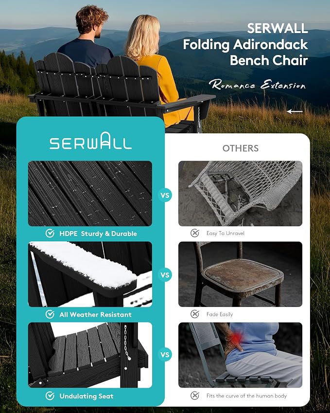 SERWALL Folding Adirondack Bench, HDPE All-Weather Adirondack Loveseat Set of 2 - Image 6