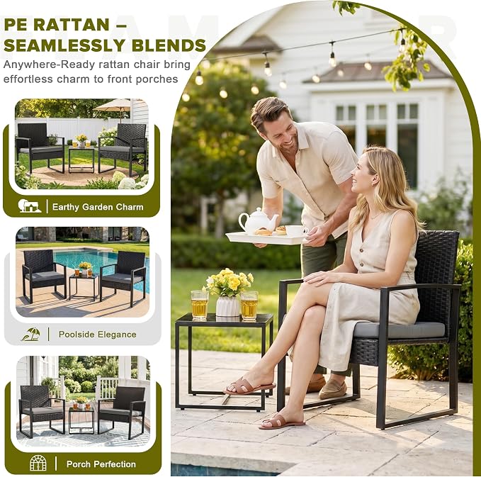 Flamaker 3 Pieces Patio Set Outdoor Wicker Furniture Modern Bistro Rattan Chair - Image 3