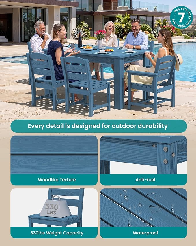 SERWALL HDPE Dining Set for 6: 1 Umbrella Hole Table, 4 Armless + 2 Armchairs. - Image 2