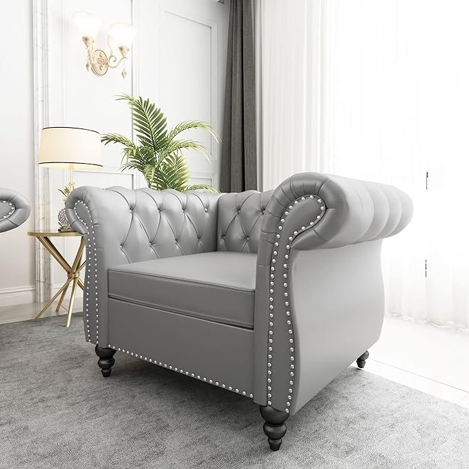 ORRD 2 Piece Living Room Set, Chesterfield Leather Sofa Loveseat Couch Chair - Image 6