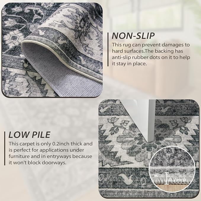 Area Rugs for Living Room, Washable 5x8 Area Rug for Bedroom, Retro Floral - Image 3