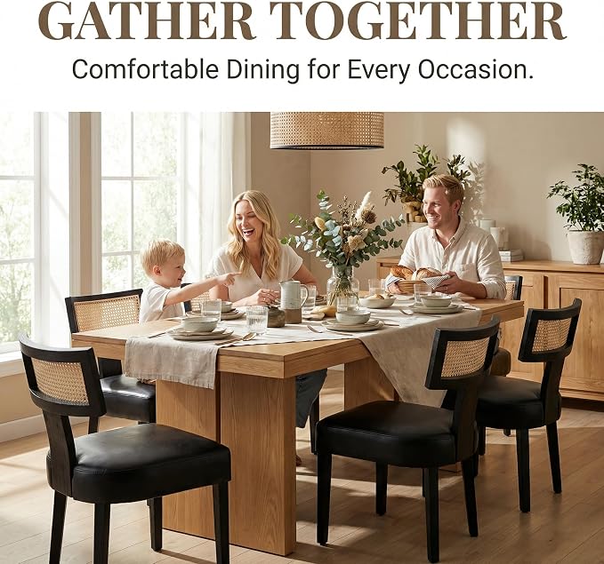 HNY Mid Century Modern Rattan Dining Chairs Set of 4, Farmhouse PU Leather - Image 3