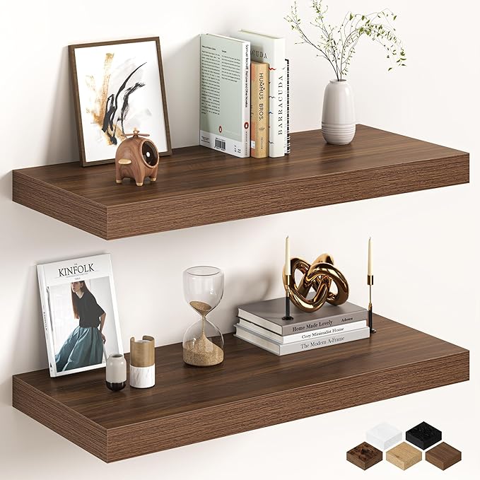 32Inch Walnut Floating Shelves for Wall, 12 Inch Deep Shelves for Bedroom by FunMemories
