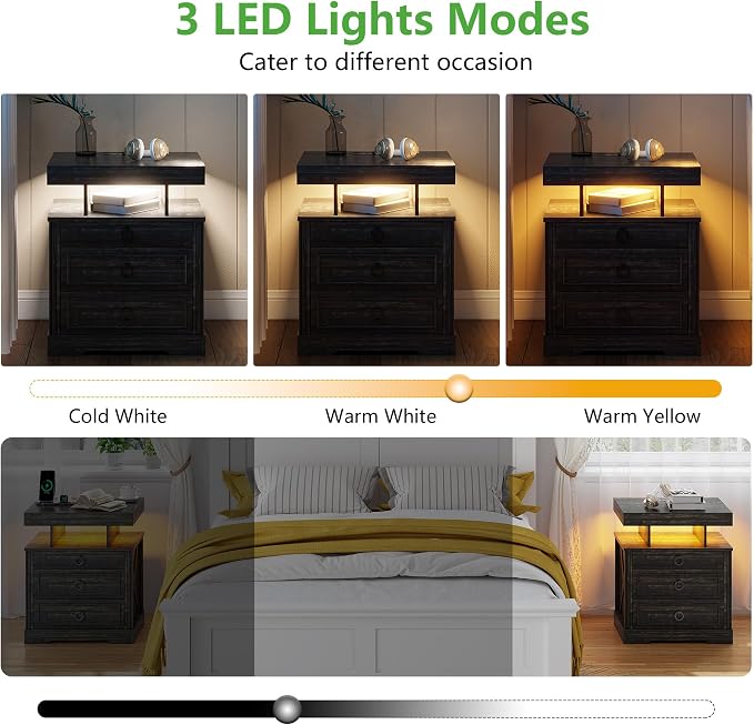 HNEBC Night Stand Set 2 with Gun Drawers, Farmhouse Nightstand with Charging - Image 5