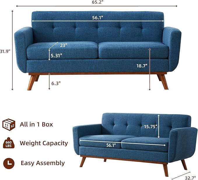 Kingfun 65.2" W Loveseat Sofa, Mid Century Modern Decor Love Seat Couches - Image 2