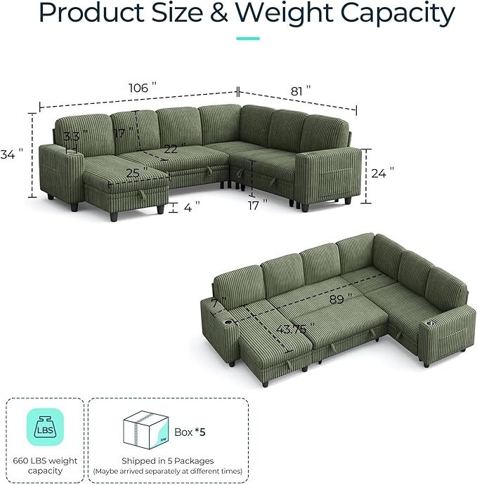 LINSY HOME Sectional Sofa with Pull Out Bed, 6 Seats Corduroy Reversible - Image 2