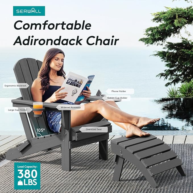 SERWALL Foldable Adirondack Chair Set of 4, HDPE Adirondack Chair - Image 6