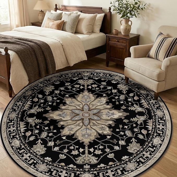 RELEANY Area Rugs Round 6ft Washable Non-Slip, Floral Vintage Distress Print - Image 3