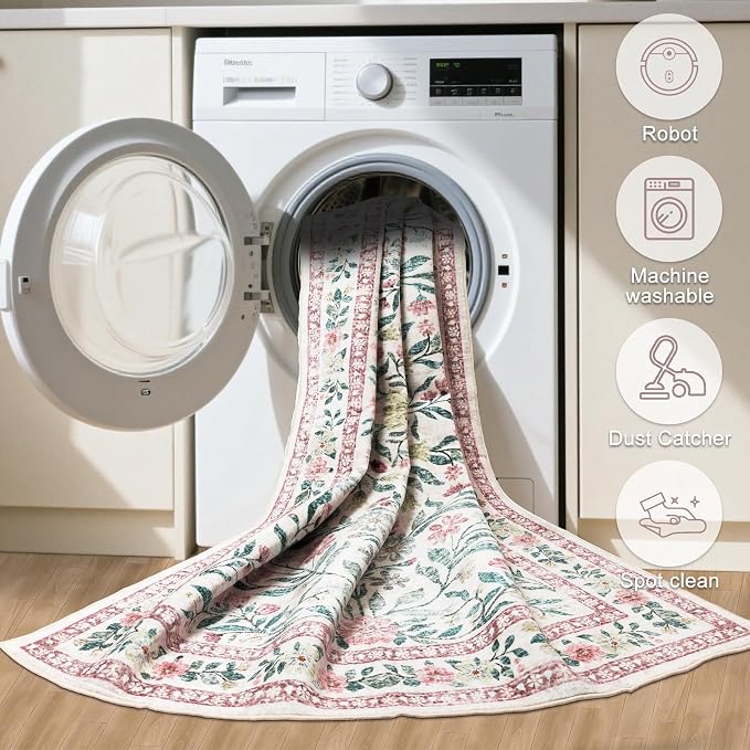 Area Rugs 9x12 Living Room: Floral Washable Rug Vintage Large Soft Boho - Image 5