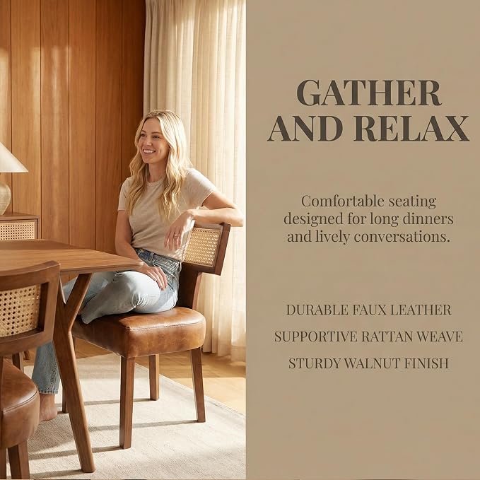 HNY Mid Century Modern Rattan Dining Chairs Set of 2, Farmhouse PU Leather - Image 6