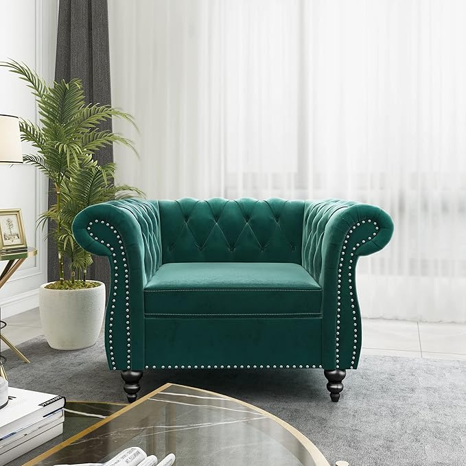 2 Piece Living Room Set, Velvet Chesterfield Sofa Loveseat Couch Chair - Image 5