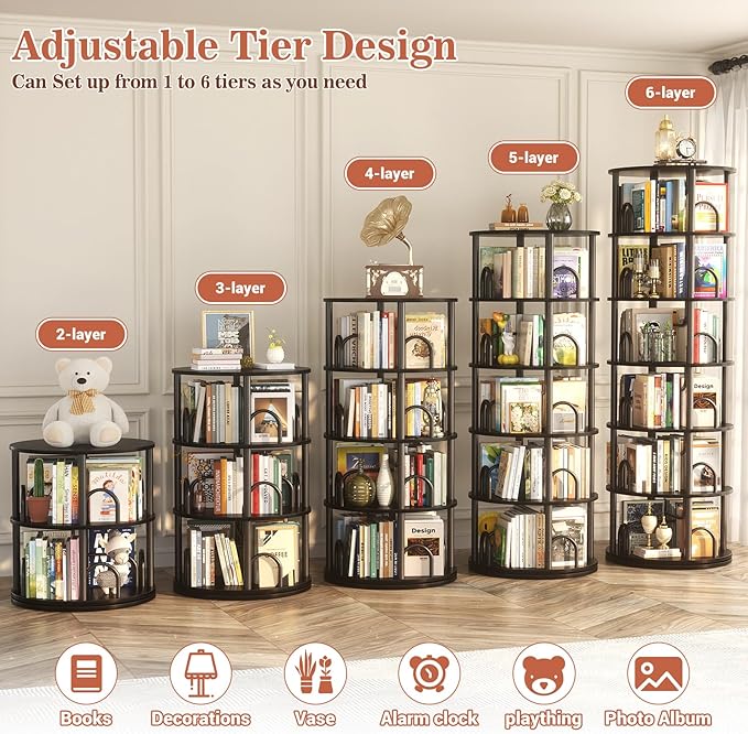 Aheaplus 6 Tier Rotating Bookshelf Tower, Revolving Bookcase, 360° Round - Image 5